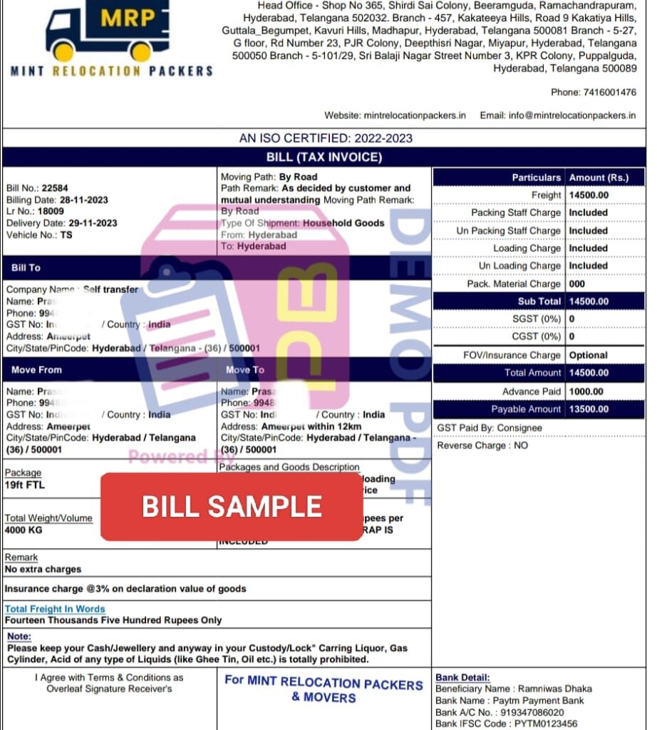 packers and movers bill for claim invoice copy